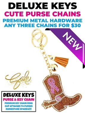 DeLuxe Keys Rhinestone Keychain/Purse Chain-Beige Cowboy Boot & Awareness Ribbon